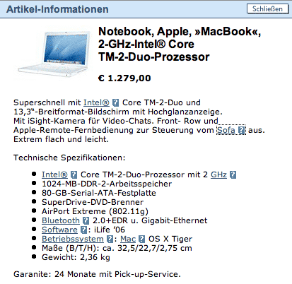 Produkt-Info des MacBooks auf Otto.de