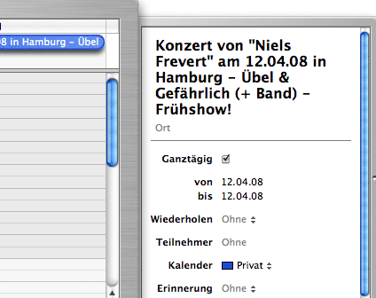 Hamburg-Termin von Niels Frevert in iCal importiert