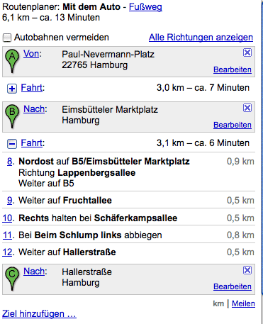 Wegbeschreibung für eine Strecke mit Zwischenstopp