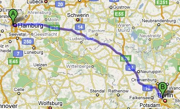 Errechnete Route von Hamburg nach Berlin